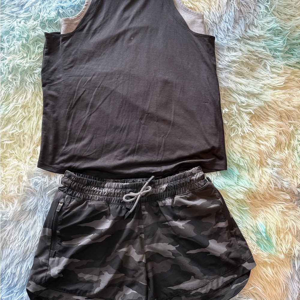 Athleta Girl Black Tank Top and Camouflage Shorts Set